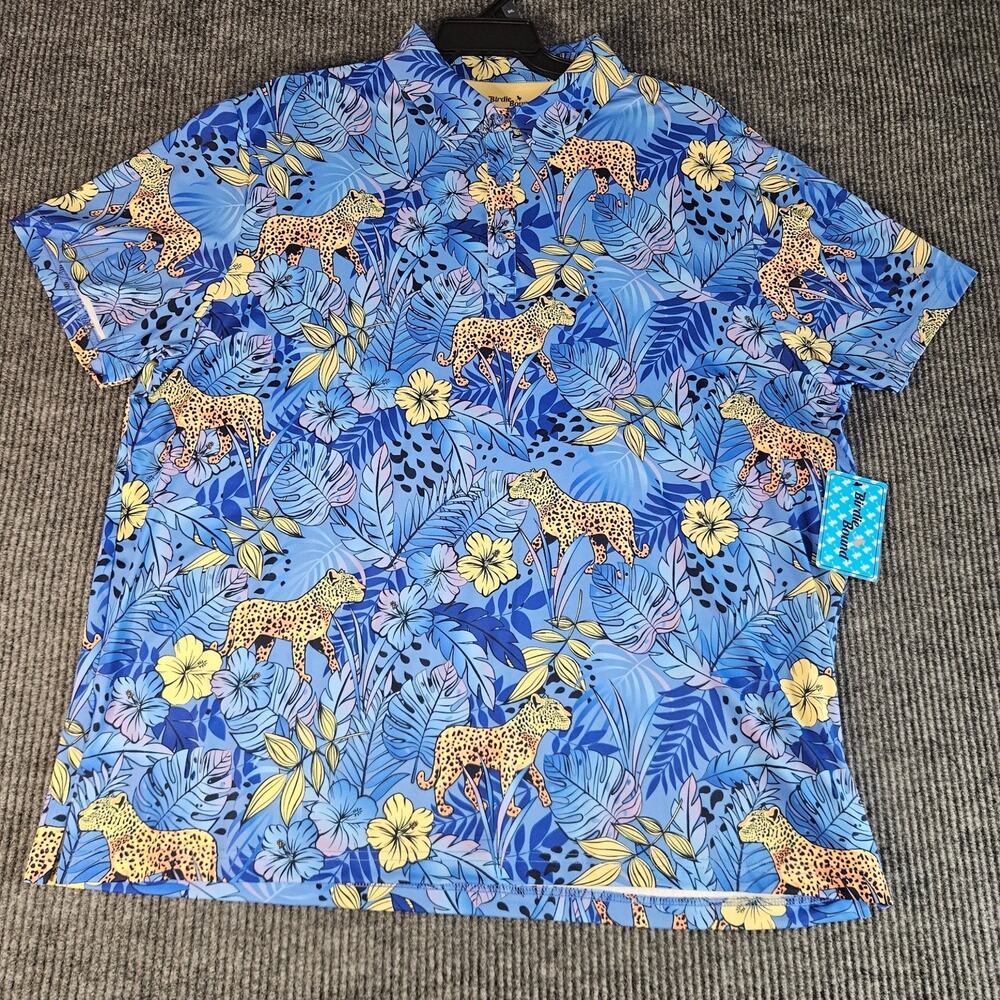 Birdie Bound‎ Men's Golf Polo Shirt Blue 2XL Polyester Jungle Cheetah